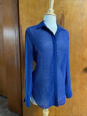 BEBE Sheer Navy Blue Gold Embellishment Bead Dot Button-Up Blouse Fitted Med